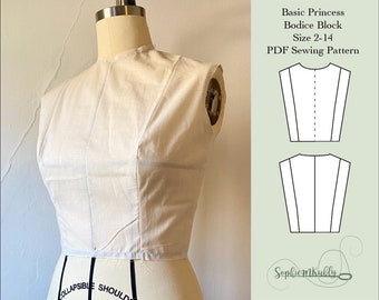 Basic Bodice Pattern / Women&#39;s Slim Fit Princess Seam Bodice Digital PDF Sewing Pattern Blocks / Size 2-14