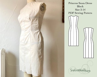 Basic Dress Pattern / Women&#39;s Slim Fit Princess Seam Dress Digital PDF Sewing Pattern Block / Size 2-14