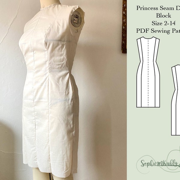 Basic Dress Pattern / Women's Slim Fit Princess Seam Dress Digital PDF Sewing Pattern Block / Size 2-14