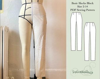 Basic Pants Pattern \ Women&#39;s Slim Fit Slacks Digital PDF Sewing Pattern Block / Size 2-14