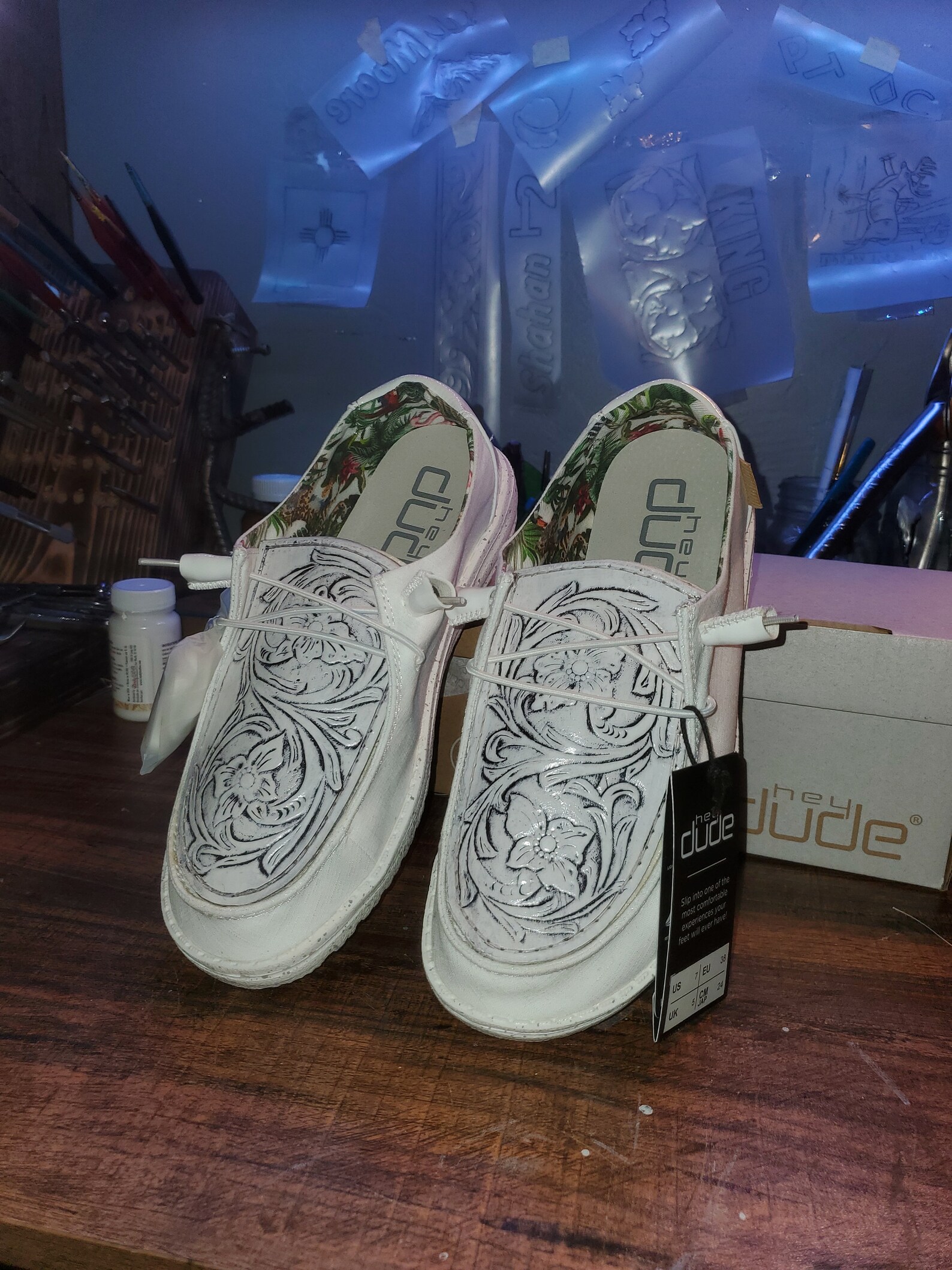 Hand tooled white hey dudes | Etsy