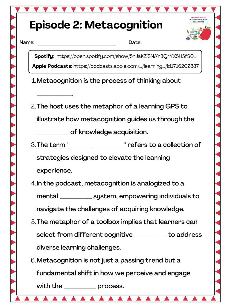 Metacognition Worksheet for Learning Bytes Podcast - Printable ...