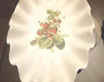 Vintage Oval White Ceramic Serving Dish with Scalloped Edges and Strawberries Design in Center 12"