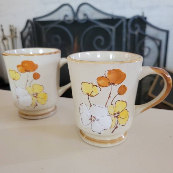 2 Sunny Collection Stoneware Mugs - Brown Yellow White Hand Decorated Flowers 21102 Korea