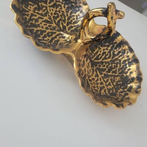 Vintage 1960s Stangl Pottery Black Gold Double Leaf Candy Dish Bowl Handle Handpainted 9" wide