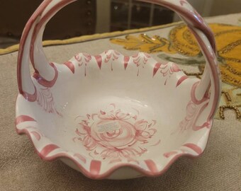 Vintage Vesta Hand-Painted Pink and White Bowl Pottery Portugal Braided Handle 4.5" Signed