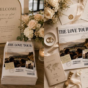 May include: A wedding stationery set featuring a welcome sign, programs titled The Love Tour, a Love Passport booklet, and invitation cards. The items are printed in black text on cream paper, featuring photos of a couple, a world map, and wax seals.
