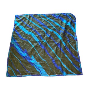 Vintage Vera Neumann Silk Scarf  Hand-Rolled Hem  Blue Green Wave Print Made in Japan
