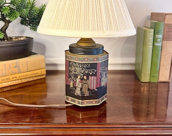 Vintage Chinoiserie Tin Tea Caddy Table Lamp Black Asian Decor Working Lamp