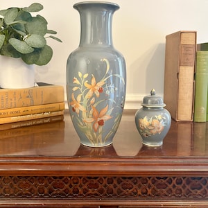 Vintage Japanese Porcelain Vase and Ginger Jar Set, Blue Gray Floral Orchid Design