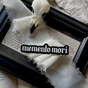 Peut inclure: Un autocollant noir et blanc avec le texte "memento mori" dans une police gothique. L'autocollant est plac&eacute; sur un tissu blanc avec un cadre noir et un cr&acirc;ne d'oiseau.