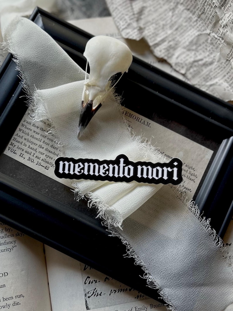 Peut inclure: Un autocollant noir et blanc avec le texte "memento mori" dans une police gothique. L'autocollant est plac&eacute; sur un tissu blanc avec un cadre noir et un cr&acirc;ne d'oiseau.