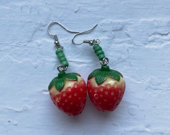 Green Beaded Strawberry Earrings