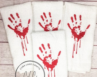 Halloween Embroidered Bloody Hand Print Kitchen or Bathroom Hand Towel - Zombie Handprint - Blood Splash - Dripping Bloody Hand - Splatter