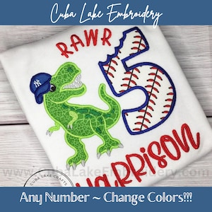 May include: Embroidered design featuring a green dinosaur wearing a blue baseball cap with the letter "N" on it, the word "RAWR", a baseball-themed number "5", and the word "HARRISON".