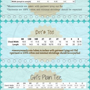 May include: A chart with size measurements for infant bodysuits, boys' tees, and girls' plain tees. The chart includes measurements for chest width and length in inches. The chart also includes the age range for each size.