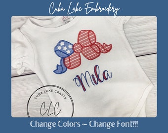 Girls Fourth of July Shirt / 4th of July Bow / Bow Embroidery / Girl 4th of July / Girl Patriotic Shirt / Red White and Blue / Sketch Bow