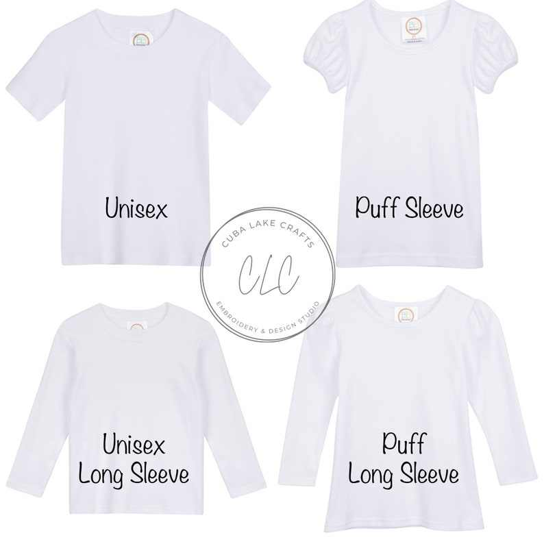 May include: Four white t-shirts, two with short sleeves and two with long sleeves. The short-sleeved shirts are labeled "Unisex" and "Puff Sleeve". The long-sleeved shirts are labeled "Unisex Long Sleeve" and "Puff Long Sleeve".