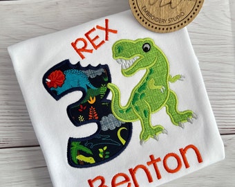 Boys 3rd Birthday Dinosaur Shirt with 3 Rex Fabric | Boys T-Rex Dinosaur Shirt | T-Rex Birthday Shirt | T Rex Birthday Shirt | Dinosaur