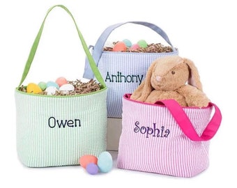 Kids Easter Basket - Personalized Easter Bucket - Halloween Bag - Seersucker Easter Tote - Easter Egg Hunt - Purple Blue Pink Green