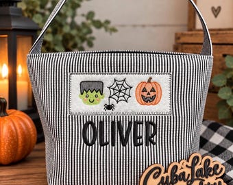 Personalized Halloween Trick or Treat Bag - Frankenstein Pumpkin Spider Trio - Monogram or Name Basket - Candy Treats - October 31st