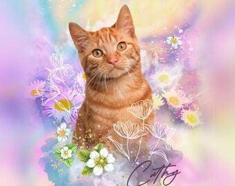 May include: An orange tabby cat with yellow eyes, surrounded by watercolor flowers and the name "Cathy". The background is a blend of pastel colors, with the text "Tinakimi Art & Design Studio" at the top.