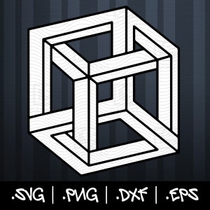 May include: A black and white optical illusion of a cube with a three-dimensional design. The cube is made up of multiple overlapping squares.