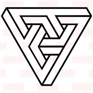 May include: A black and white optical illusion of a three-dimensional triangle shape.