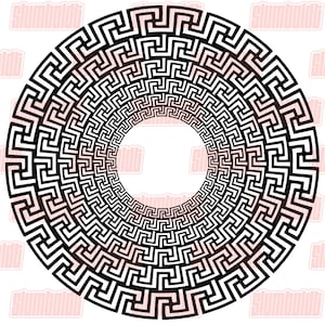 May include: Black and white circular design with concentric circles of a Greek key pattern.
