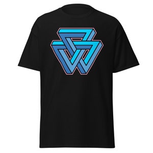 May include: A black t-shirt with a blue and pink optical illusion design of a triangle shape.