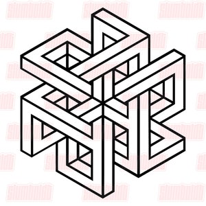 May include: A black and white optical illusion of a three-dimensional geometric shape. The shape is made up of multiple squares and rectangles that are connected in a way that creates a sense of depth and movement.