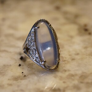 Large, Oval, Silver and Glass or Acrylic Vintage Ring