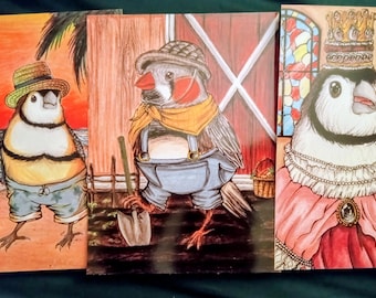 Finch 5 x 7 glossy art prints, Owl finch, Zebra finch, colored pencil art