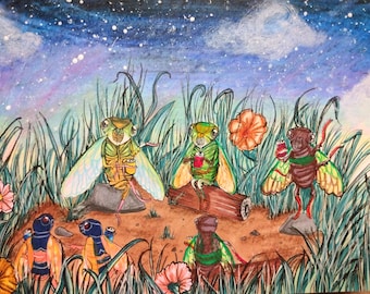 Summer night cicada party, original art print 6x8 glossy