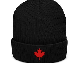 Canadian Maple Leaf Beanie - Embroidered Ribbed Knit Hat, Warm Winter Cap, Stylish Canadian Accessory, Soft & Cozy Winter Headwear