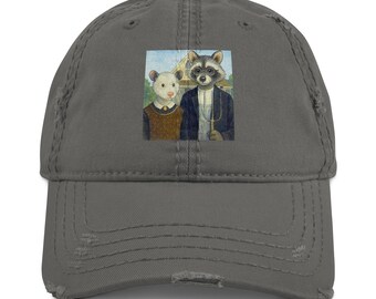 Critter Gothic Raccoon & Possum Dad Hat - Distressed Vintage Parody Cap, American Gothic Animal Art, Unisex Casual Hat