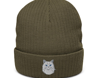 Embroidered White Persian Cat Beanie | Cute Knit Cat Hat | Stylish Winter Accessory | Gift for Cat Lovers