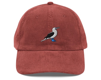 Blue Footed Booby Cap | Vintage Embroidered Bird Corduroy Hat | Unique Bird Lover Gift & Fashion Accessory
