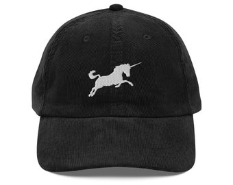 Vintage White Unicorn Corduroy Cap - Retro Style Hat, Unique Gift, Trendy Fashion, Adjustable Unisex Headwear