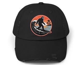 Surfing Bigfoot Vintage Sunset Sasquatch Beach GraphicUnisex Distressed Cap
