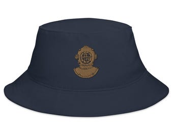 Old School Dive Helmet Bucket Hat | Embroidered Diver Bonnet | Vintage Style Marine Cap for Summer Wear