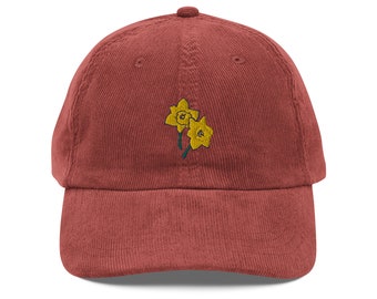Daffodils Embroidered Corduroy Cap Unisex Floral Design Adult Hat