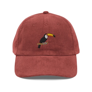 Toco Toucan Embroidered Tropical Bird Design Cap for Nature Lovers, Vintage corduroy cap
