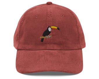 Toco Toucan Embroidered Tropical Bird Design Cap for Nature Lovers, Vintage corduroy cap