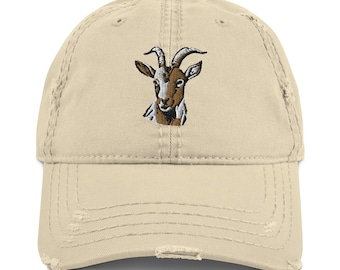 GOAT Portrait Embroidered Distressed Dad Hat | Unique Adjustable Cap | Vintage Style & Stylish Gift for Goat Lovers