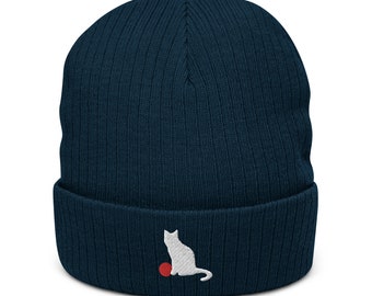 Emboidered Beanie "White Cat Red Ball "Ribbed knit beanie