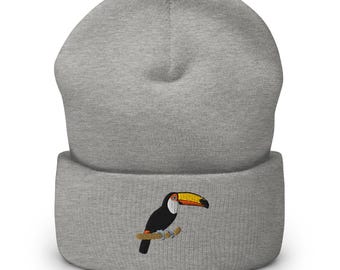 Toco Toucan Embroidered Knit Beanie: Tropical Bird Cap