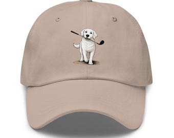 White Labrador with Golf Club Dad hat