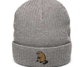 Adorable Beaver Embroidered Animal Ribbed knit beanie