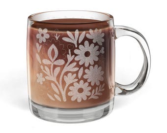 Engraved Wildflowers Glass Coffee Mug, 12.25oz (Engraving)